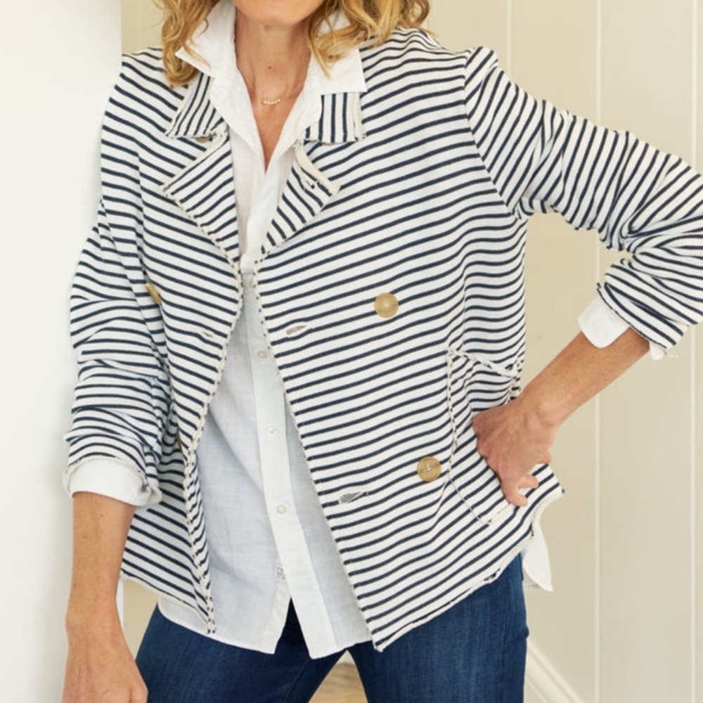 Frank & Eileen NWOT SZ Small Mini Belfast Navy & White Striped cropped‎ PeaCoat